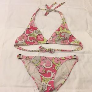 Pink/Neon Yellow Swirl Print Triangle Bikini Swim